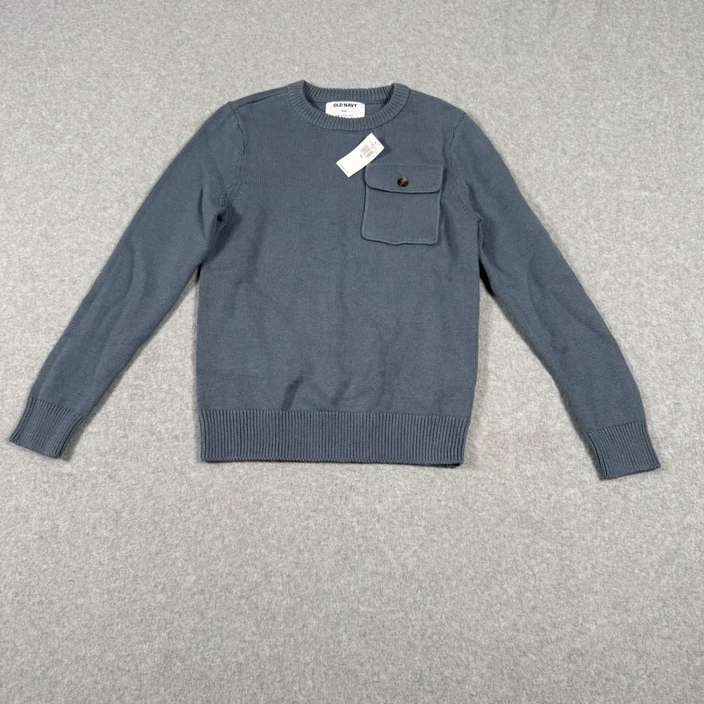 Old Navy Kids Blue Gray Cotton Knit Crewneck Sweater with Chest Pocket Size M 8